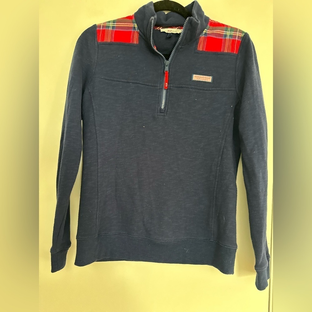 Vineyard Vines Red Jolly Plaid Women’s Sz: XS Blue 1/4 Zip Pullover Sweater.